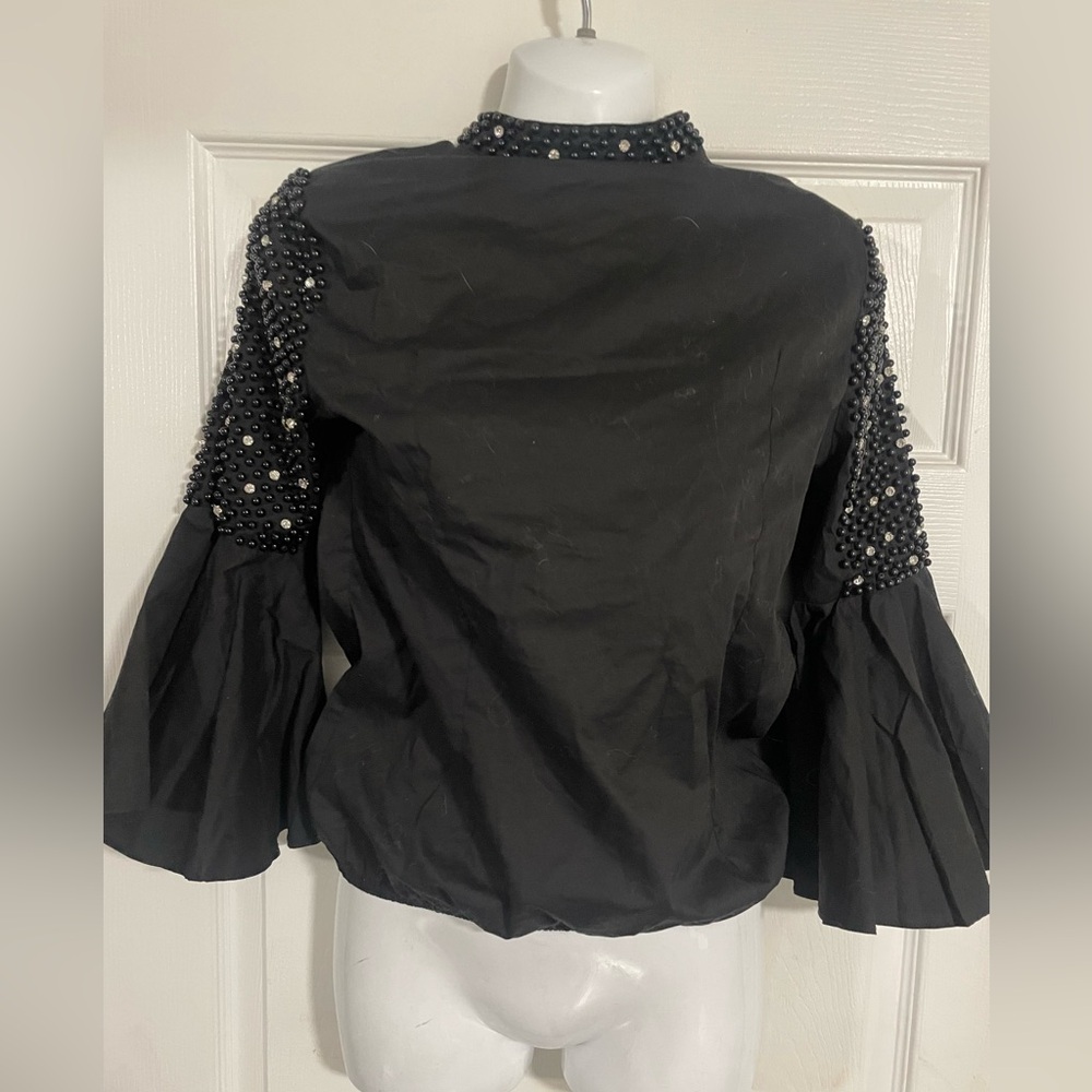 Black Bell Sleeve Blouse with Beaded Details